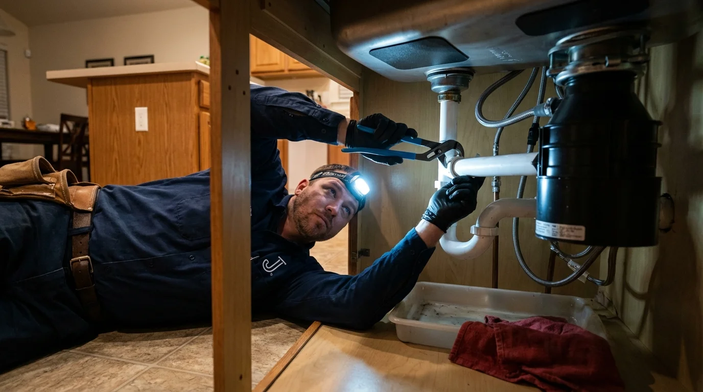 P-trap and supply line connections under a kitchen sink showing a common leak point in Umatilla, OR